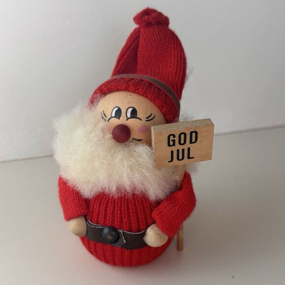 Ljungstroms Vintage Sweden  4” Christmas Figurine Tomte Wood Felt God Jul Sign - Picture 1 of 9